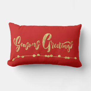 Red and Gold Seasons Greetings Christmas Pillow