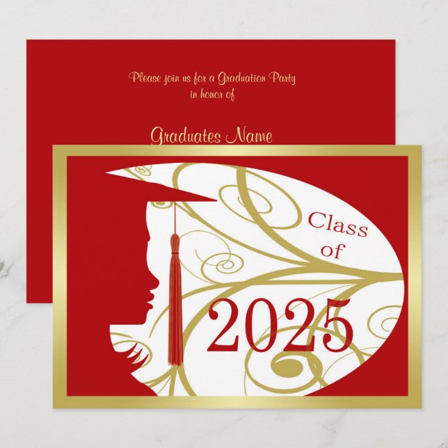 Red and Gold Silhouette 2025 Graduation Party Invitation (Front/Back)