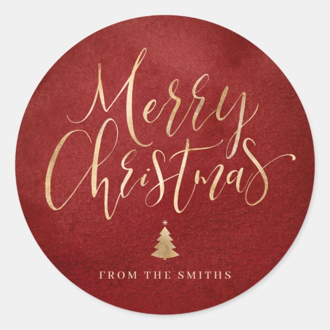 Red and Gold Simple Calligraphy Merry Christmas Classic Round Sticker (Front)
