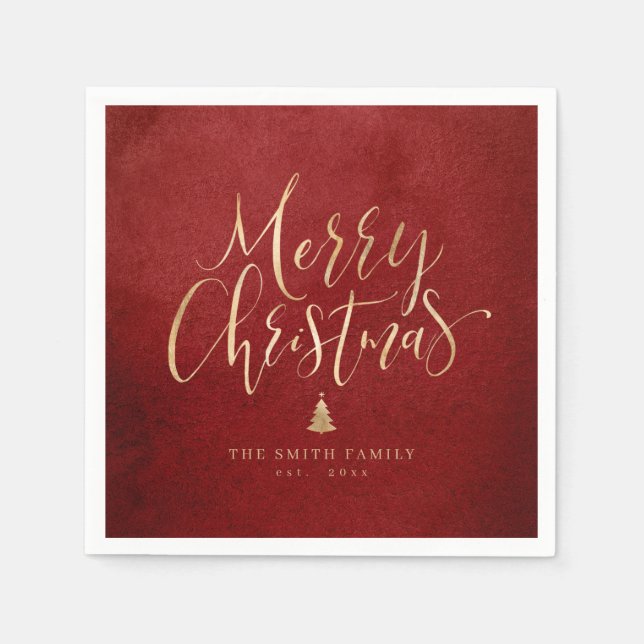 Red and Gold Simple Calligraphy Merry Christmas Napkin (Front)