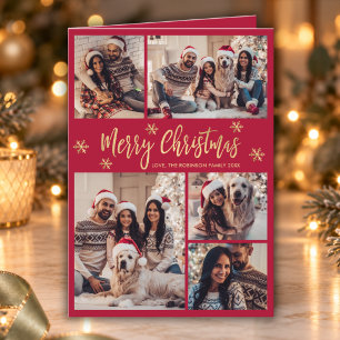 Red and Gold Snowflake 6 Photo Collage Christmas Holiday Card