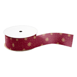 Red and Gold Snowflake Pattern Grosgrain Ribbon