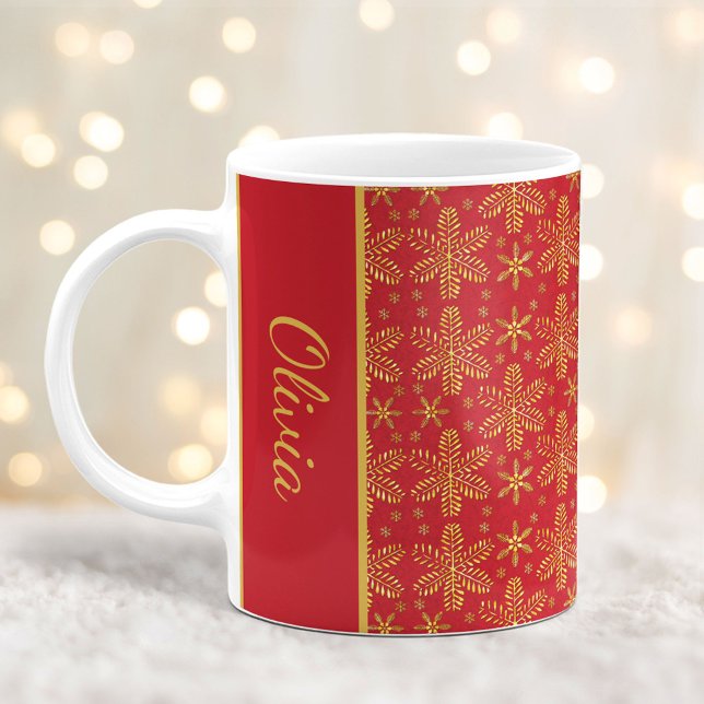 Red and Gold Snowflakes Christmas Mug with Name (Creator Uploaded)