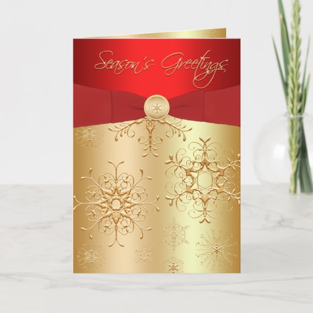 Red and Gold Snowflakes Season's Greetings Card (Front)