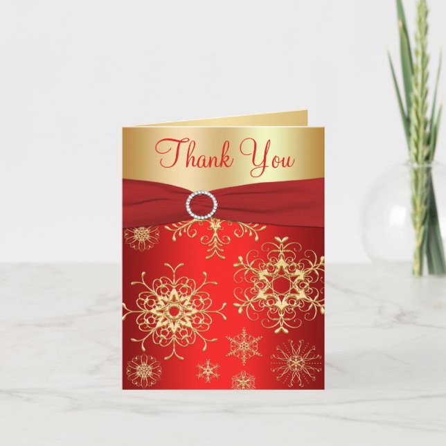 Red and Gold Snowflakes Thank You Card (Front)
