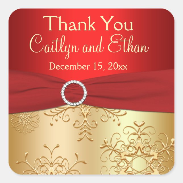 Red and Gold Snowflakes Wedding Favour Sticker (Front)