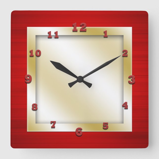 Red and Gold Square Square Wall Clock (Front)