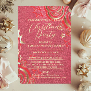 Red And Gold Stars Glitter Company Christmas Party Invitation