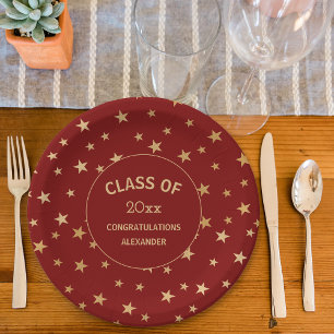 Red and Gold Stars graduation party Paper Plate