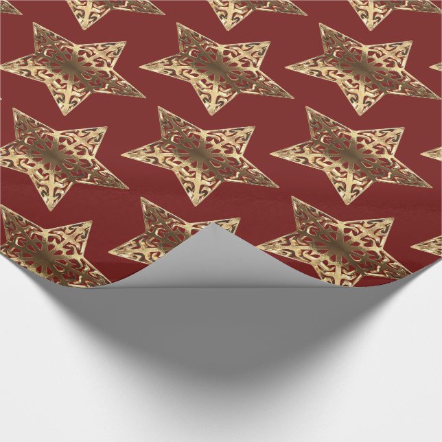 Red and Gold Stars Pattern Burgundy Christmas Chic Wrapping Paper (Corner)