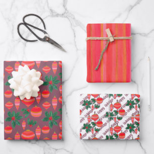 Red and Gold Striped Holiday Pattern Wrapping Paper Sheet