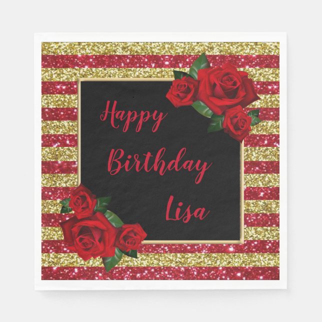 Red And Gold Stripes Glitter Red Roses Birthday Napkin (Front)