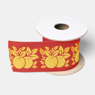 Red and Gold Stylised Oranges and Blossoms Satin Ribbon