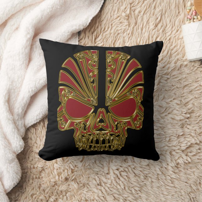 Red and gold sugar skull cranium cushion (Blanket)