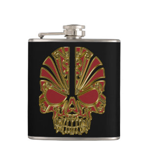 Red and gold sugar skull cranium hip flask