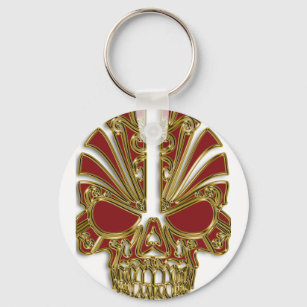 Red and gold sugar skull cranium key ring