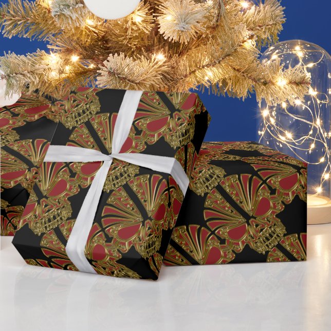 Red and gold sugar skull cranium wrapping paper (Holidays)