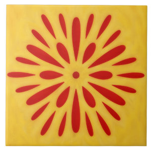 Red and Gold Sun Symbol Art Tile