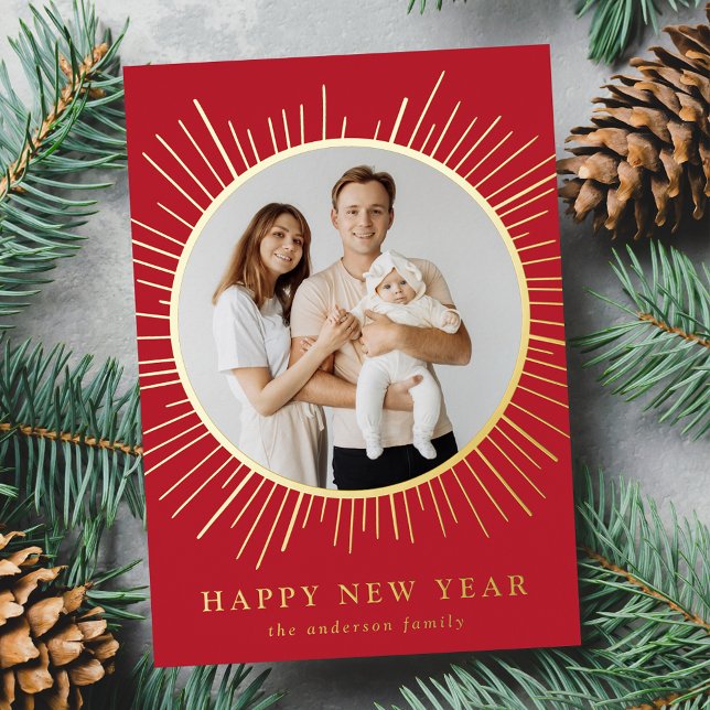 Red and Gold Sunburst Happy New Year Photo Foil Holiday Card (Creator Uploaded)