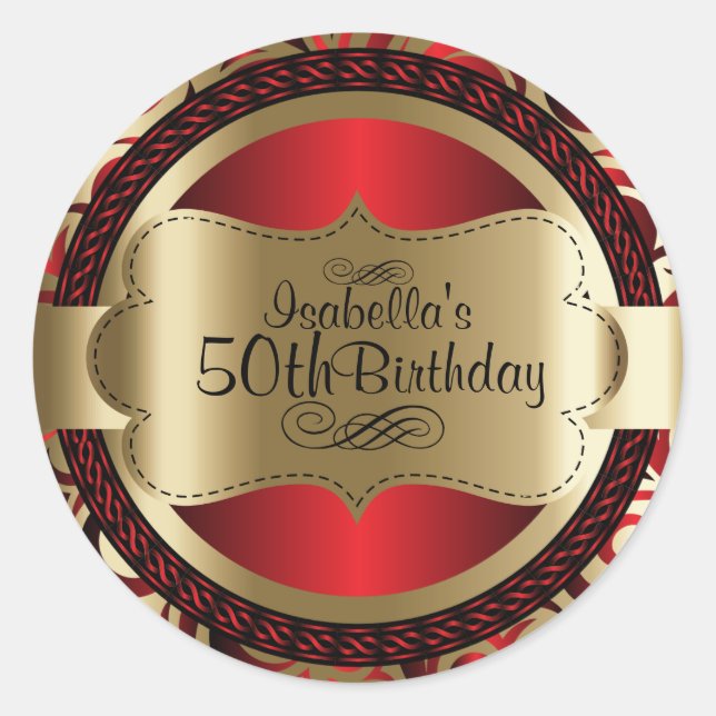 Red and Gold Swirl Abstract Birthday Classic Round Sticker (Front)