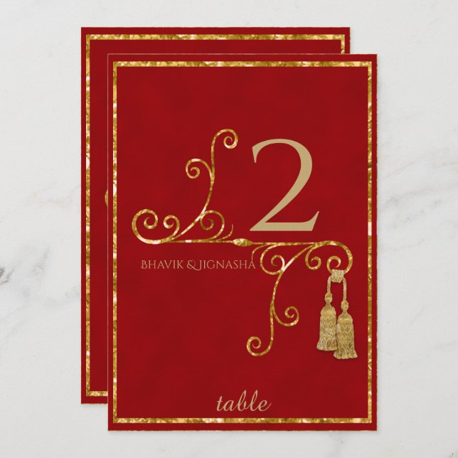 Red and Gold Tassel Indian Table Number (Front/Back)