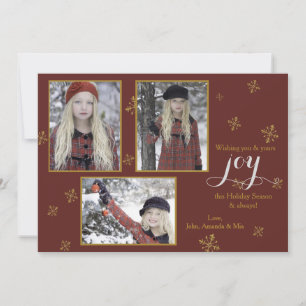 Red and Gold Three Photo Holiday Card
