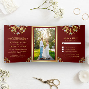 Red and Gold Traditional Mandala Indian Wedding Tri-Fold Invitation