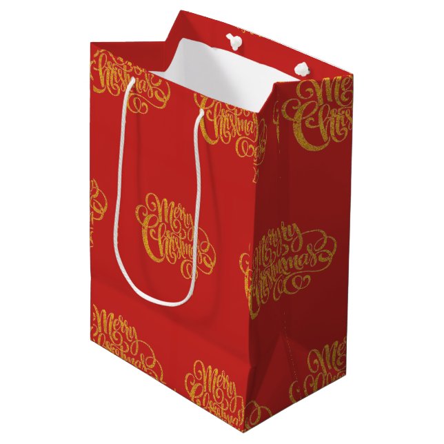 Red and Gold Typography Christmas Medium Gift Bag (Front Angled)