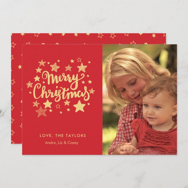 Red and Gold Typography Photo Christmas Card (Front/Back)