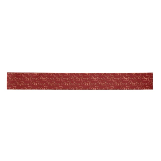 Red and Gold Typography Script Merry Christmas  Satin Ribbon (Front)