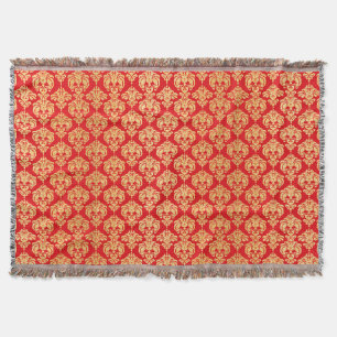 Red and Gold Vintage Damask Pattern Throw Blanket