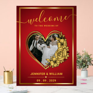 Red And Gold Wedding Theme Photo In Heart-shaped Acrylic Sign