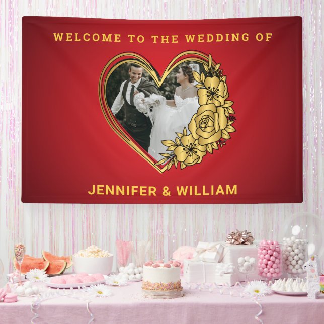 Red And Gold Wedding Theme Photo In Heart-shaped Banner (Party)