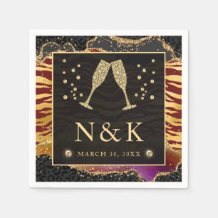 Red and Gold Wild Jungle Glitter Agate Wedding Napkin