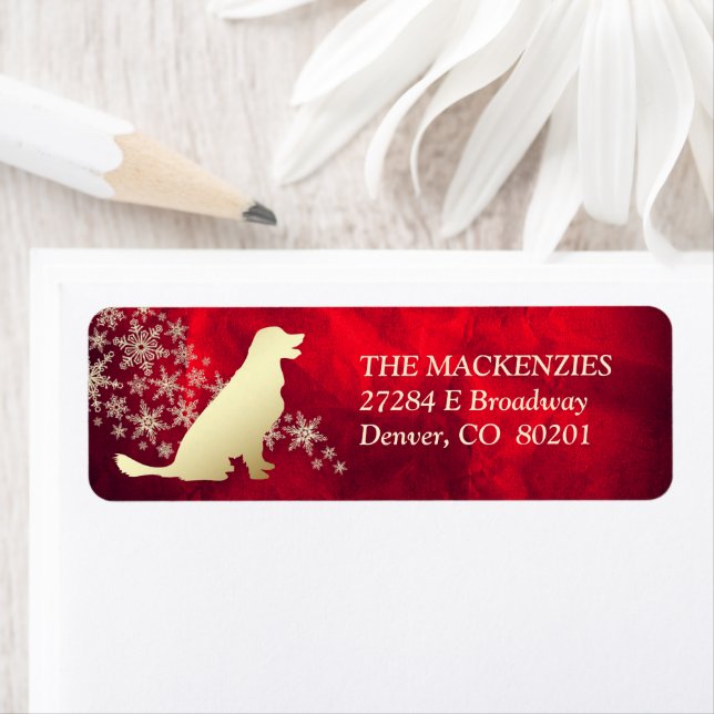 Red and Gold Winter Retriever Return Address Label (Insitu)