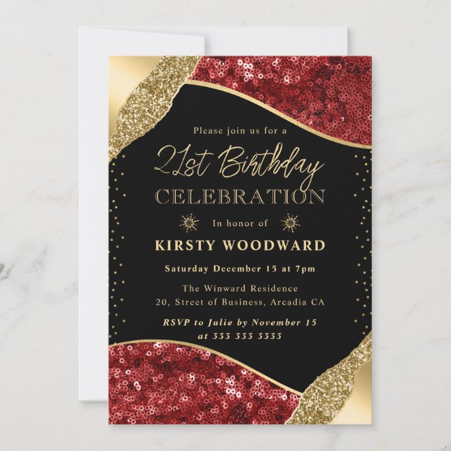 Red and Gold Winter Sequins 21st Birthday Invitation (Front)