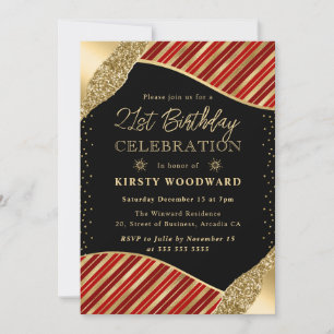 Red and Gold Winter Stripes 21st Birthday Invitation