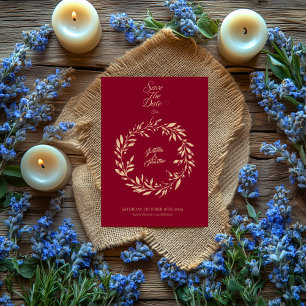 Red and Gold Wreath Save the Date Wedding Card