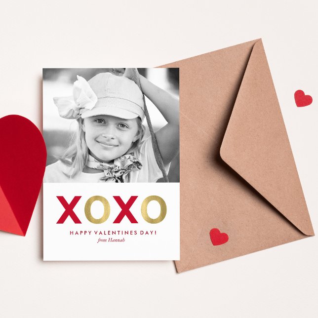 Red and Gold XOXO Kids Classroom Photo Valentines Card (Creator Uploaded)