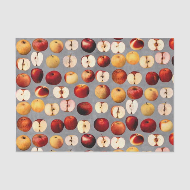 Red and Golden Apples on Grey Pattern Tissue Paper (Front)