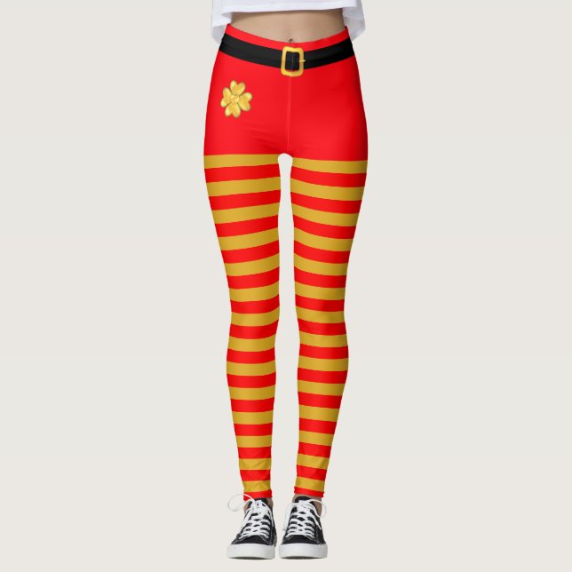 Red and Golden Christmas Elf Striped  leggings (Front)