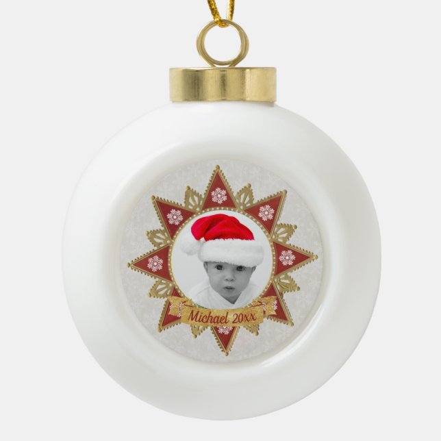 Red And Golden Luxury Circle Shape Frame Snowflake Ceramic Ball Christmas Ornament (Front)