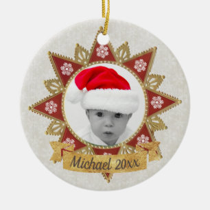Red And Golden Luxury Circle Shape Frame Snowflake Ceramic Ornament