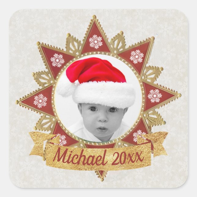 Red And Golden Luxury Circle Shape Frame Snowflake Square Sticker (Front)