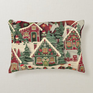 Red and Green 3D Paper Cut Christmas Village Desig Decorative Cushion