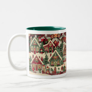 Red and Green 3D Paper Cut Christmas Village Desig Two-Tone Coffee Mug