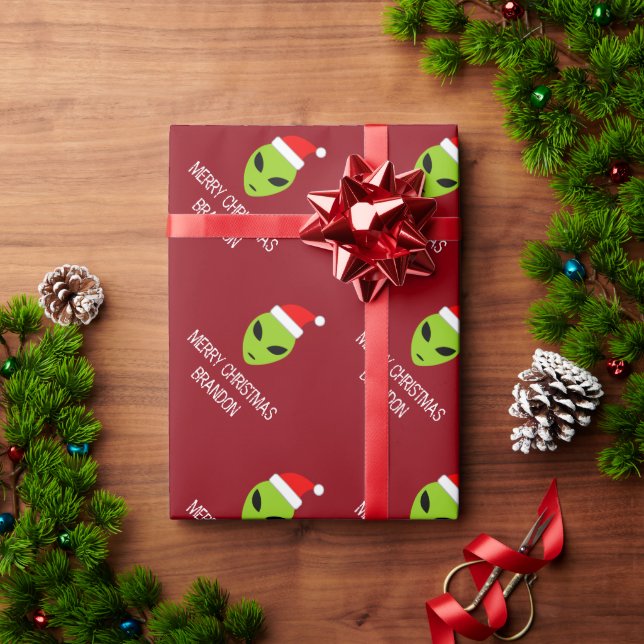 Red and green alien head Christmas wrapping paper (Holiday Gift)