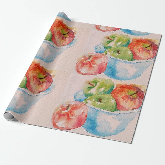 Red and Green Apples apple Watercolour Wrapping Paper (Unrolled)