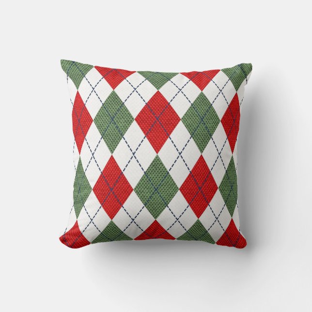 Red and Green Argyle Christmas Pillow (Front)