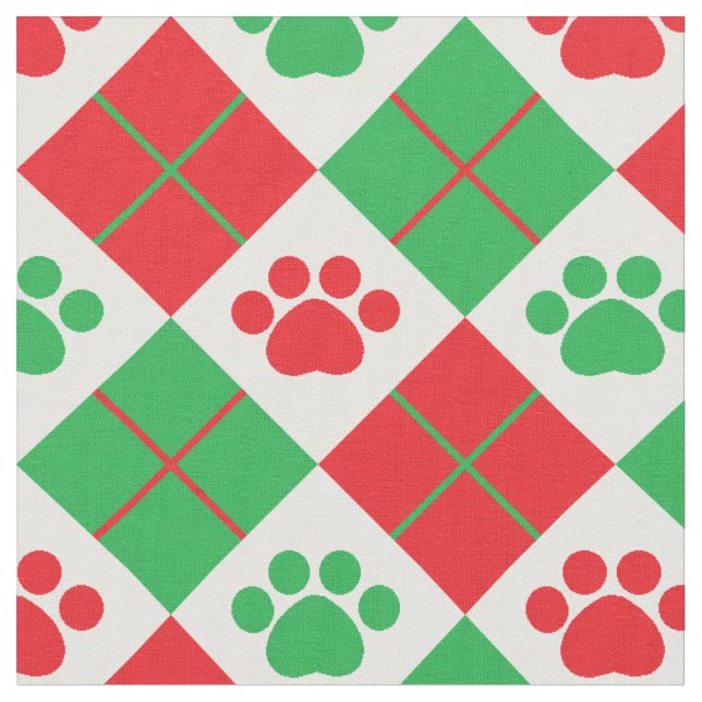 Red and Green Argyle Paw Print Fabric (Close Up)